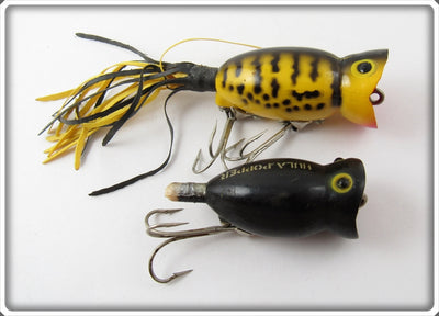 Vintage Fred Arbogast Yellow Coachdog & Black Hula Popper Lure Pair