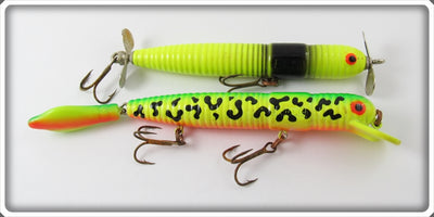 Vintage Mann's Chartruese & Fire Tiger Hard Worm Lure Pair