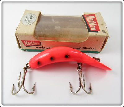 Vintage Heddon Fluorescent Red Black Spots Tadpolly Lure In Box