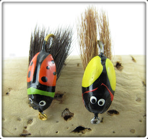 Vintage Lur All Or Millsite Yellow & Red Fly Rod Beetle Bug Lure Pair