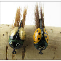 Vintage Lur All Or Millsite Yellow & Gold Fly Rod Beetle Bug Lure Pair