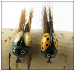 Vintage Lur All Or Millsite Yellow & Gold Fly Rod Beetle Bug Lure Pair