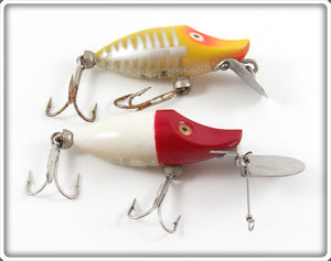 Vintage Heddon White Red Head & Yellow Shore Tiny Runt Pair