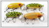 Arbogast Yellow Silver Ribs & Frog Spot Jitterbug Lot Of Four Lures