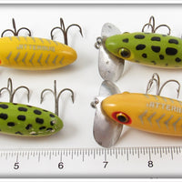 Arbogast Yellow Silver Ribs & Frog Spot Jitterbug Lot Of Four