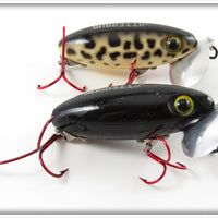 Vintage Arbogast Solid Black & Coachdog Jitterbug Lure Pair