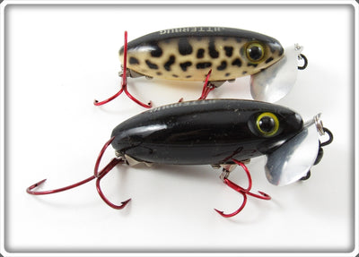 Vintage Arbogast Solid Black & Coachdog Jitterbug Lure Pair