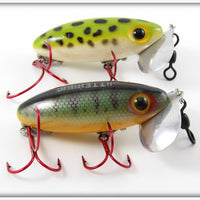 Vintage Fred Arbogast Perch & Frog Spot Jitterbug Lure Pair 