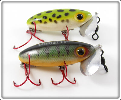 Vintage Fred Arbogast Perch & Frog Spot Jitterbug Lure Pair 