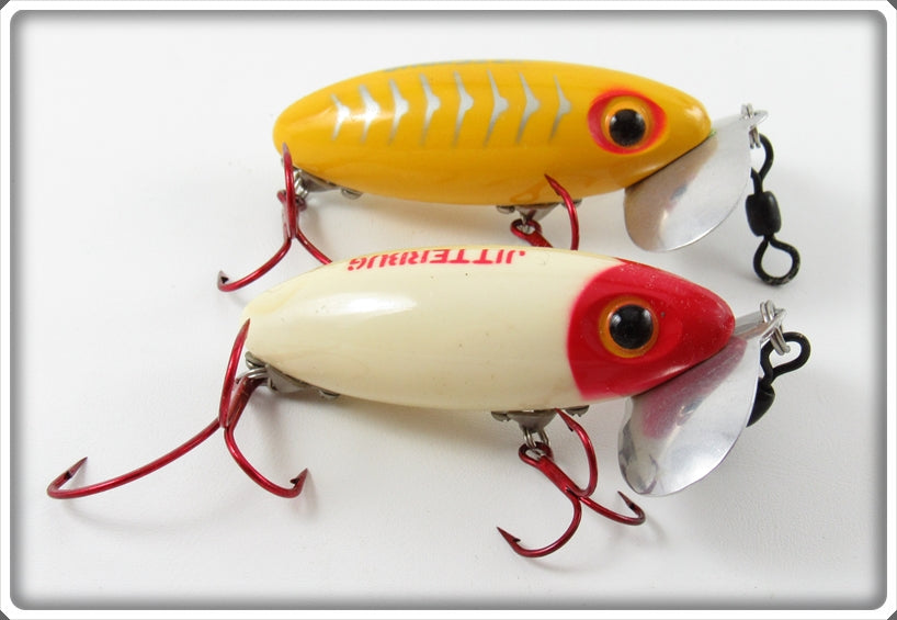 Arbogast Red Head White & Yellow Silver Ribs Jitterbug Pair 