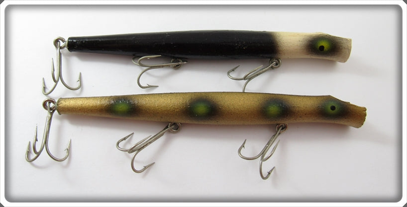 Vintage Pencil Plug Black White Head & Gold Green Spot Lure Pair