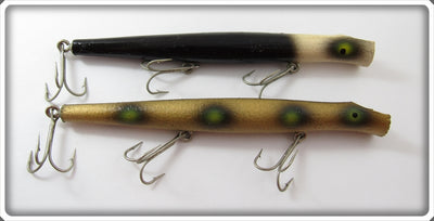 Vintage Pencil Plug Black White Head & Gold Green Spot Lure Pair