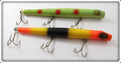 Vintage Pencil Plug Green Spotted & Orange, Yellow & Black Lure Pair