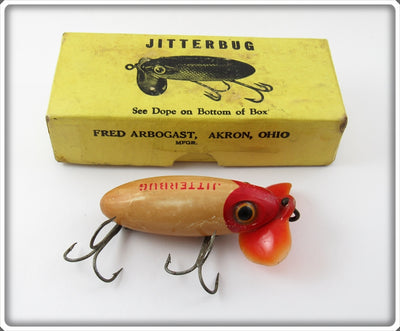 Vintage Arbogast Red & White Plastic Lip Jitterbug In Box
